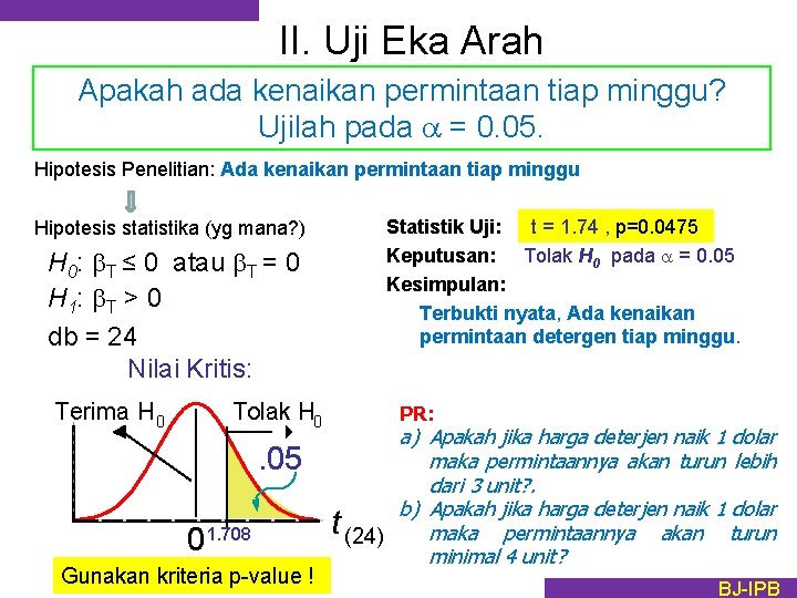 II. Uji Eka Arah Apakah ada kenaikan permintaan tiap minggu? Ujilah pada = 0.
