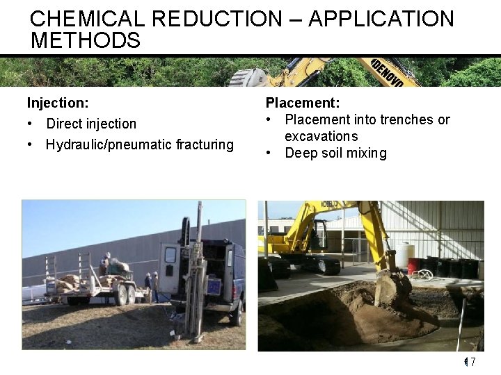 CHEMICAL REDUCTION – APPLICATION METHODS Injection: • Direct injection • Hydraulic/pneumatic fracturing Placement: •