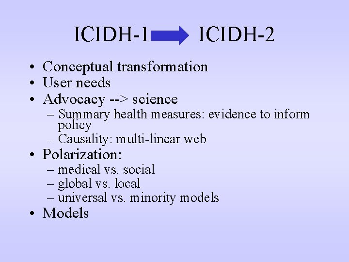 ICIDH-1 ICIDH-2 • Conceptual transformation • User needs • Advocacy --> science – Summary