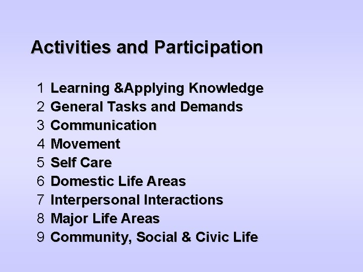 Activities and Participation 1 2 3 4 5 6 7 8 9 Learning &Applying