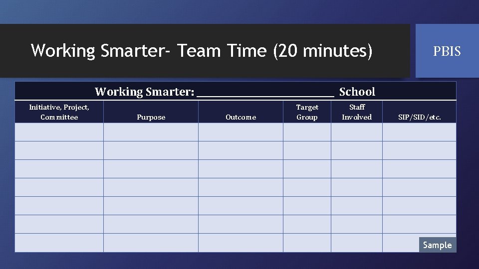 Working Smarter- Team Time (20 minutes) PBIS Working Smarter: ________________ School Initiative, Project, Committee