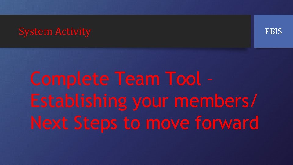 System Activity Complete Team Tool – Establishing your members/ Next Steps to move forward