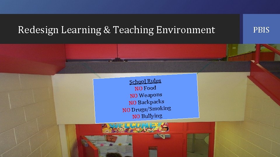 Redesign Learning & Teaching Environment School Rules NO Food NO Weapons NO Backpacks NO