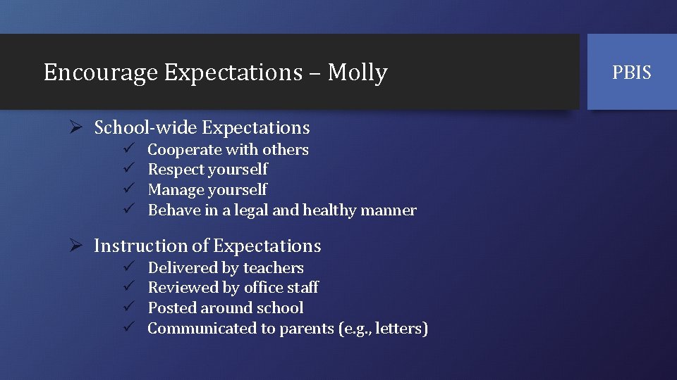 Encourage Expectations – Molly Ø School-wide Expectations ü ü Cooperate with others Respect yourself