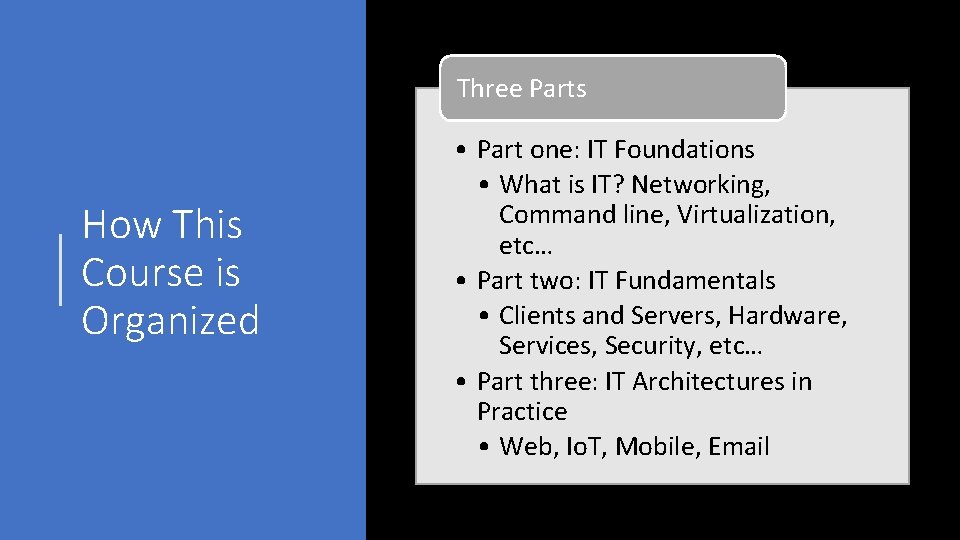 Three Parts How This Course is Organized • Part one: IT Foundations • What