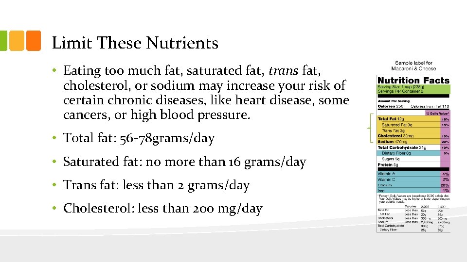 Limit These Nutrients • Eating too much fat, saturated fat, trans fat, cholesterol, or