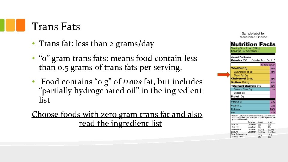 Trans Fats • Trans fat: less than 2 grams/day • “ 0” gram trans
