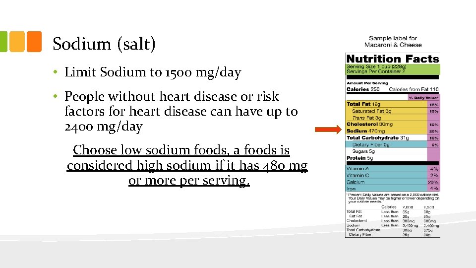 Sodium (salt) • Limit Sodium to 1500 mg/day • People without heart disease or