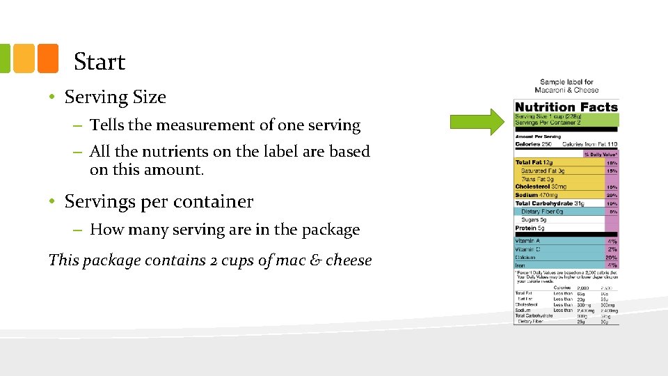 Start • Serving Size – Tells the measurement of one serving – All the