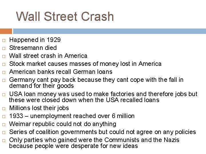 Wall Street Crash Happened in 1929 Stresemann died Wall street crash in America Stock