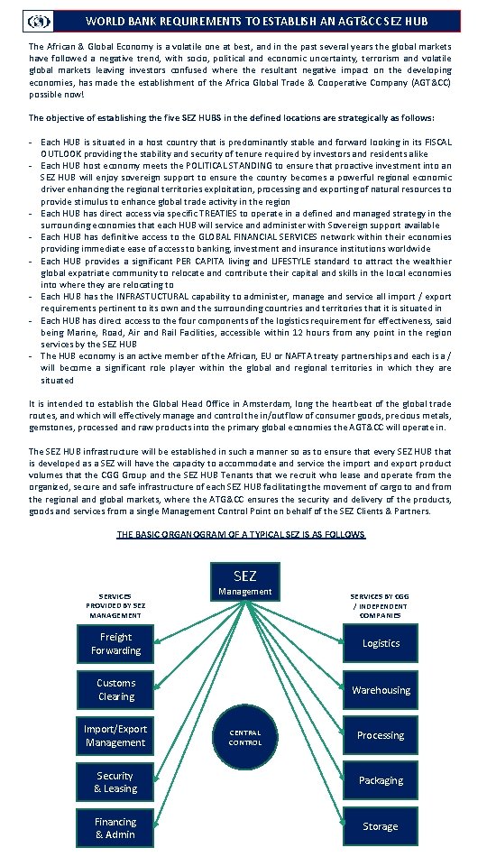 WORLD BANK REQUIREMENTS TO ESTABLISH AN AGT&CC SEZ HUB The African & Global Economy