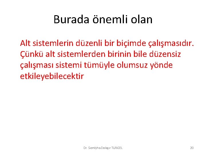 Burada önemli olan Alt sistemlerin düzenli bir biçimde çalışmasıdır. Çünkü alt sistemlerden birinin bile