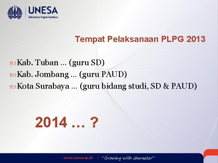 Tempat Pelaksanaan PLPG 2013 Kab. Tuban … (guru SD) Kab. Jombang … (guru PAUD)