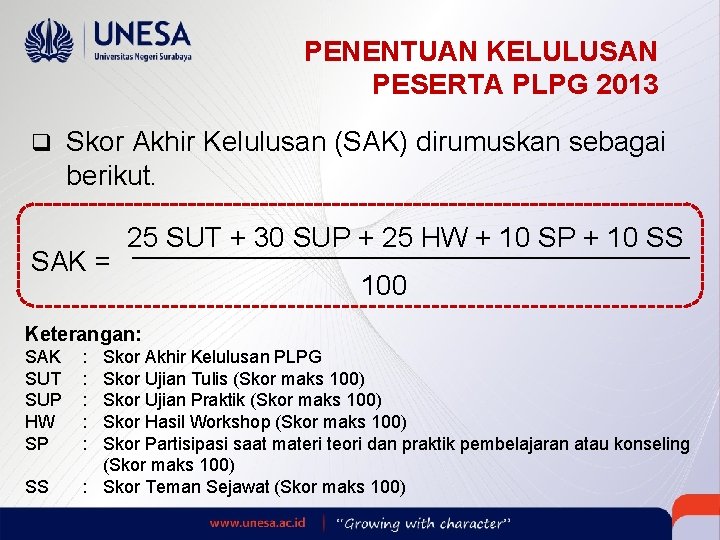 PENENTUAN KELULUSAN PESERTA PLPG 2013 q Skor Akhir Kelulusan (SAK) dirumuskan sebagai berikut. SAK