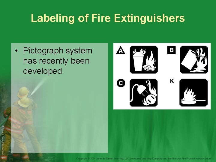 Labeling of Fire Extinguishers • Pictograph system has recently been developed. 