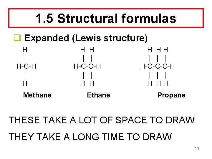 1. 5 Structural formulas q Expanded (Lewis structure) H | H-C-H | H Methane