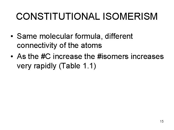 CONSTITUTIONAL ISOMERISM • Same molecular formula, different connectivity of the atoms • As the