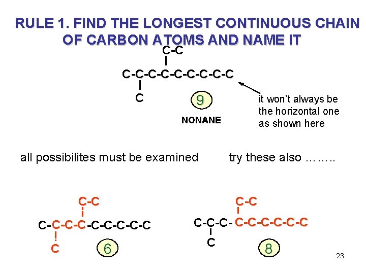 RULE 1. FIND THE LONGEST CONTINUOUS CHAIN OF CARBON ATOMS AND NAME IT C-C-C-C-C-C