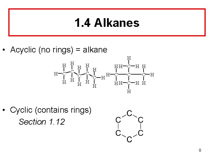 1. 4 Alkanes • Acyclic (no rings) = alkane H H HH C H