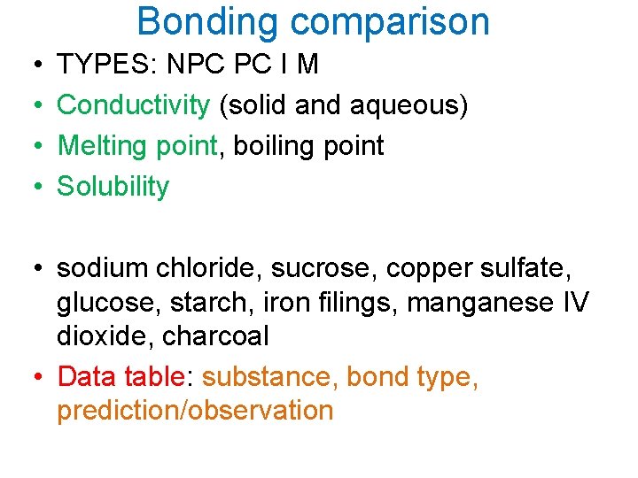 Bonding comparison • • TYPES: NPC PC I M Conductivity (solid and aqueous) Melting