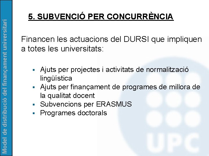 Model de distribució del finançament universitari 5. SUBVENCIÓ PER CONCURRÈNCIA Financen les actuacions del
