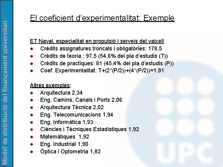 Model de distribució del finançament universitari El coeficient d’experimentalitat: Exemple ET Naval, especialitat en