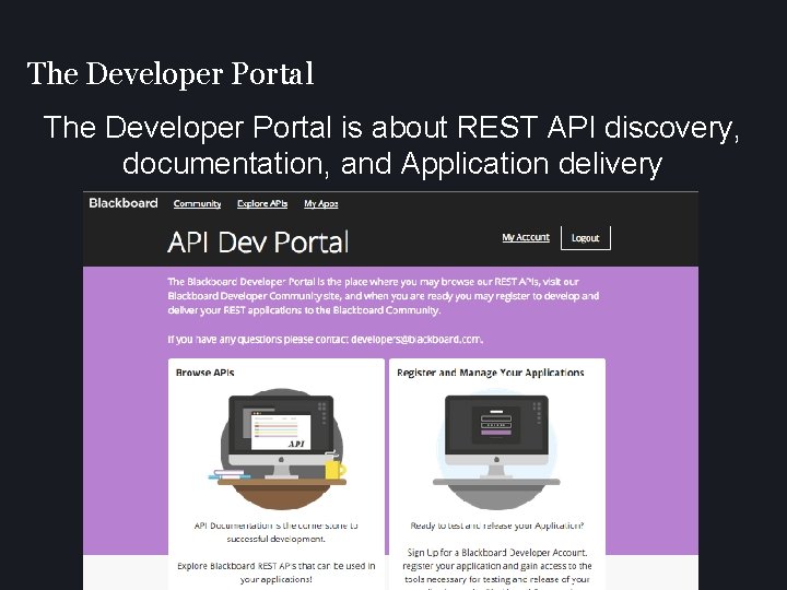 The Developer Portal is about REST API discovery, documentation, and Application delivery 