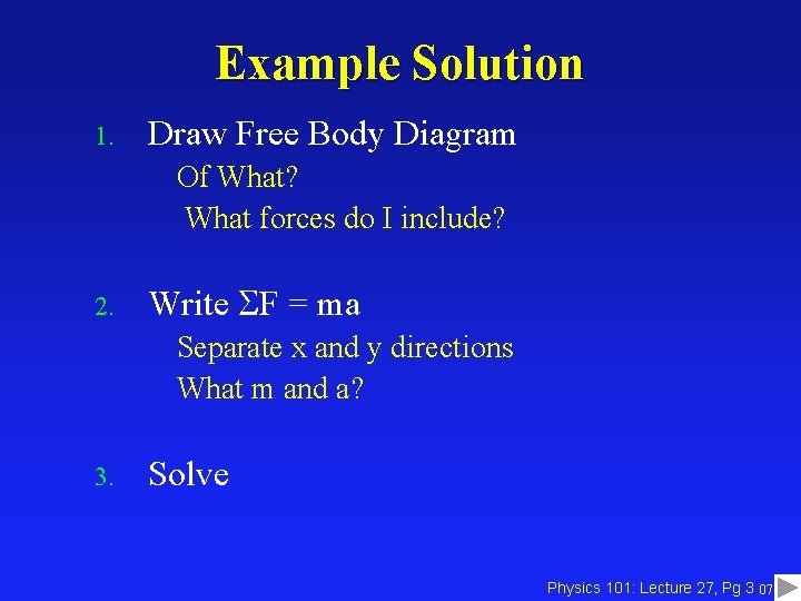 Example Solution 1. Draw Free Body Diagram Of What? What forces do I include?