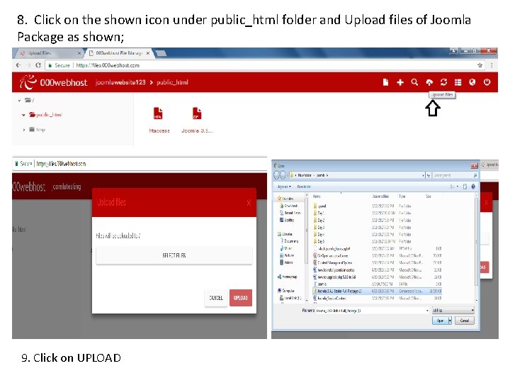 8. Click on the shown icon under public_html folder and Upload files of Joomla