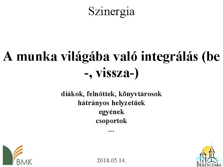 Szinergia A munka világába való integrálás (be -, vissza-) diákok, felnőttek, könyvtárosok hátrányos helyzetűek