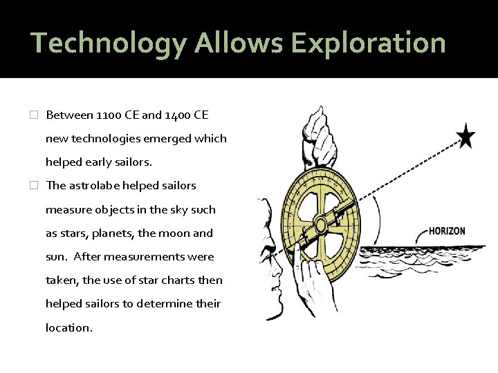 Technology Allows Exploration � Between 1100 CE and 1400 CE new technologies emerged which