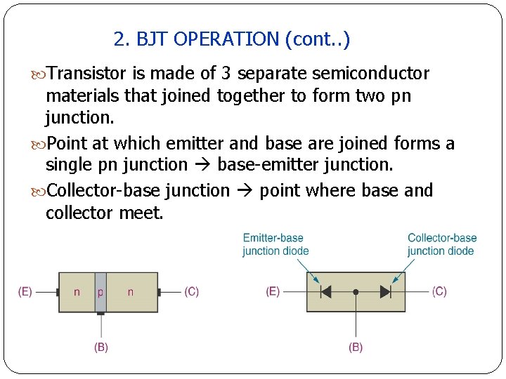 2. BJT OPERATION (cont. . ) Transistor is made of 3 separate semiconductor materials 2. BJT OPERATION (cont. . ) Transistor is made of 3 separate semiconductor materials