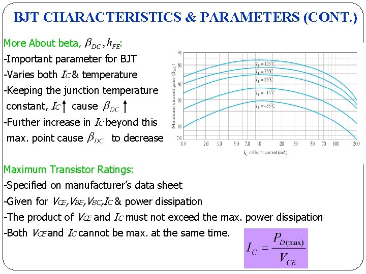 BJT CHARACTERISTICS & PARAMETERS (CONT. ) More About beta, : -Important parameter for BJT BJT CHARACTERISTICS & PARAMETERS (CONT. ) More About beta, : -Important parameter for BJT
