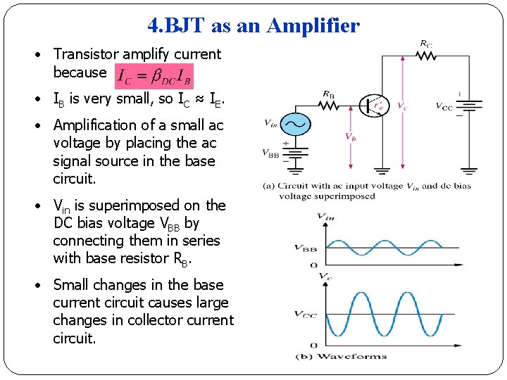 4. BJT as an Amplifier • Transistor amplify current because • IB is very 4. BJT as an Amplifier • Transistor amplify current because • IB is very