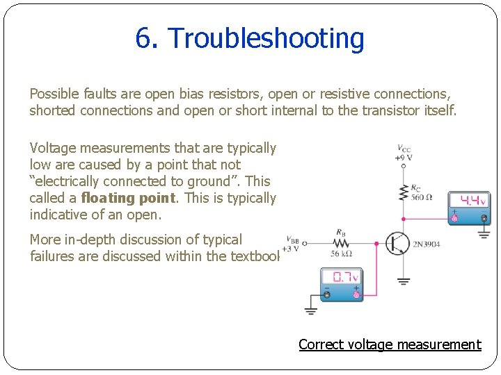 6. Troubleshooting Possible faults are open bias resistors, open or resistive connections, shorted connections 6. Troubleshooting Possible faults are open bias resistors, open or resistive connections, shorted connections