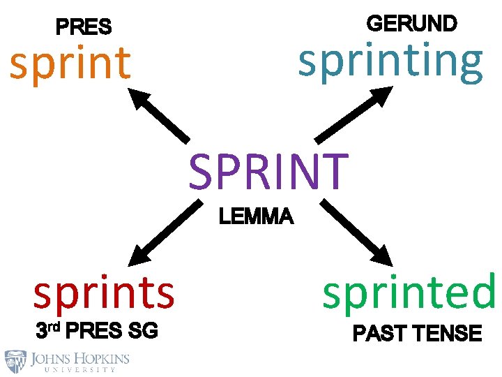 GERUND PRES sprinting sprint SPRINT LEMMA sprints 3 rd PRES SG sprinted PAST TENSE