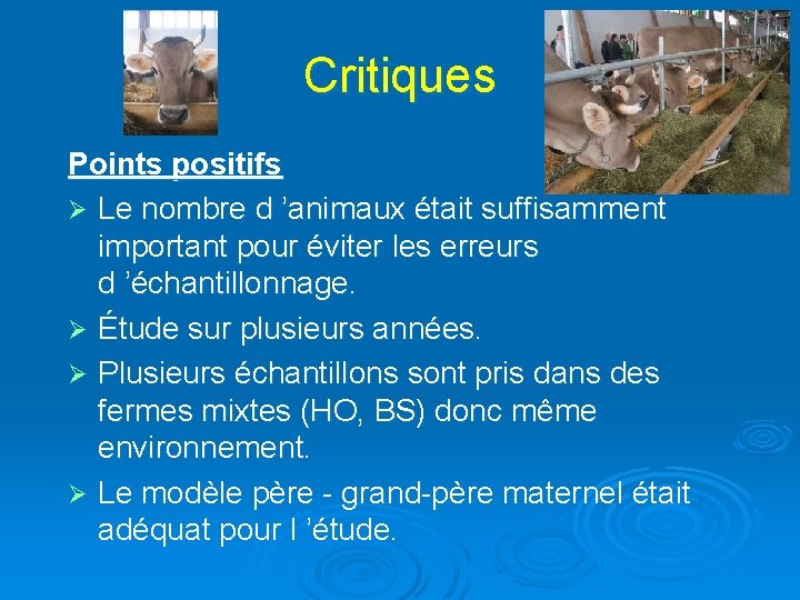 Critiques Points positifs Ø Le nombre d ’animaux était suffisamment important pour éviter les