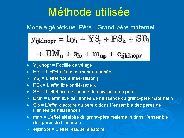 Méthode utilisée Modèle génétique: Père - Grand-père maternel Ø Ø Ø Ø Ø Yijklnopr