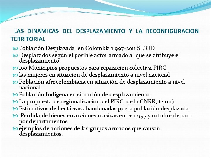 LAS DINAMICAS DEL DESPLAZAMIENTO Y LA RECONFIGURACION TERRITORIAL Población Desplazada en Colombia 1. 997