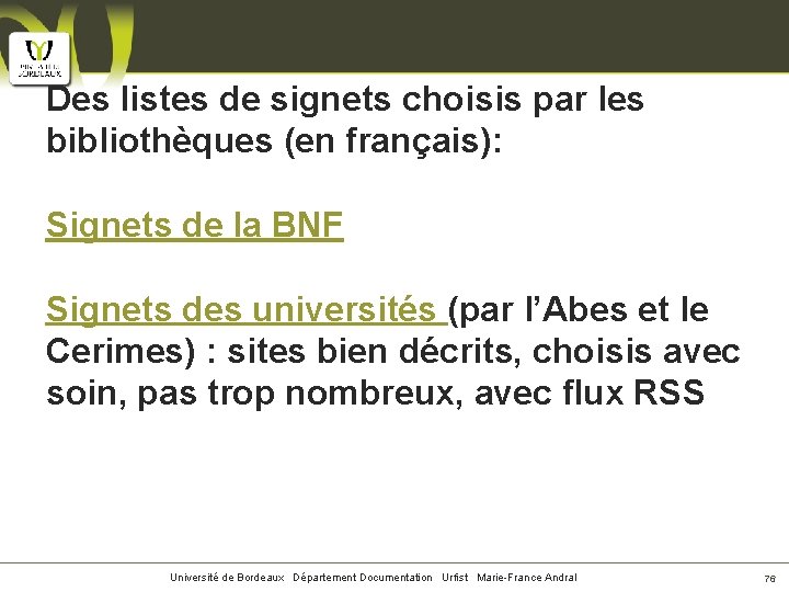 Des listes de signets choisis par les bibliothèques (en français): Signets de la BNF