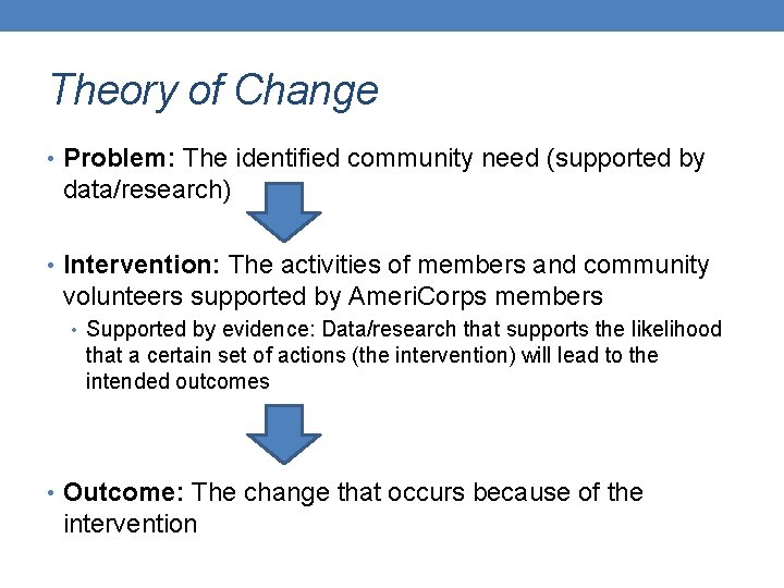Theory of Change • Problem: The identified community need (supported by data/research) • Intervention: