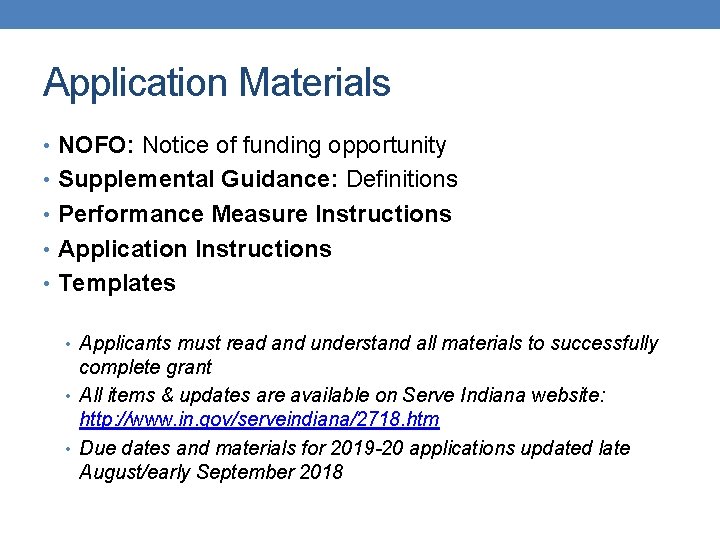 Application Materials • NOFO: Notice of funding opportunity • Supplemental Guidance: Definitions • Performance