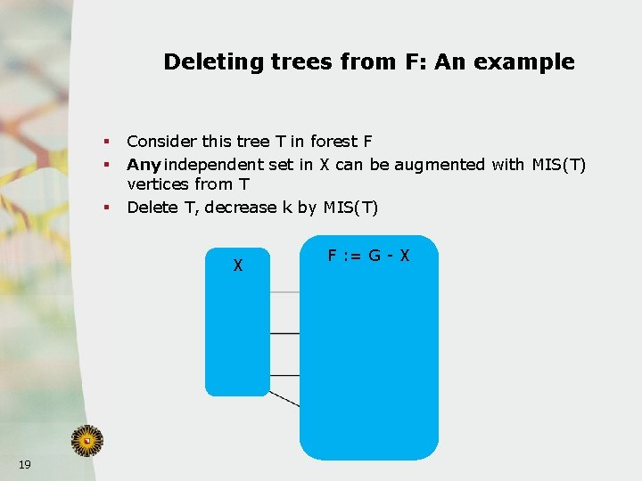 Deleting trees from F: An example § § § Consider this tree T in