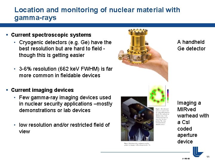 Location and monitoring of nuclear material with gamma-rays § Current spectroscopic systems • Cryogenic