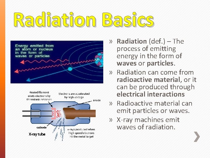 Radiation Basics » Radiation (def. ) – The process of emitting energy in the
