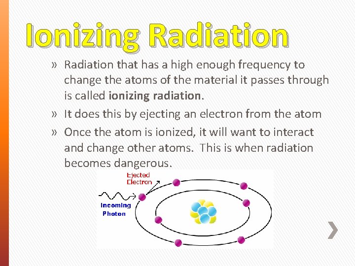 Ionizing Radiation » Radiation that has a high enough frequency to change the atoms