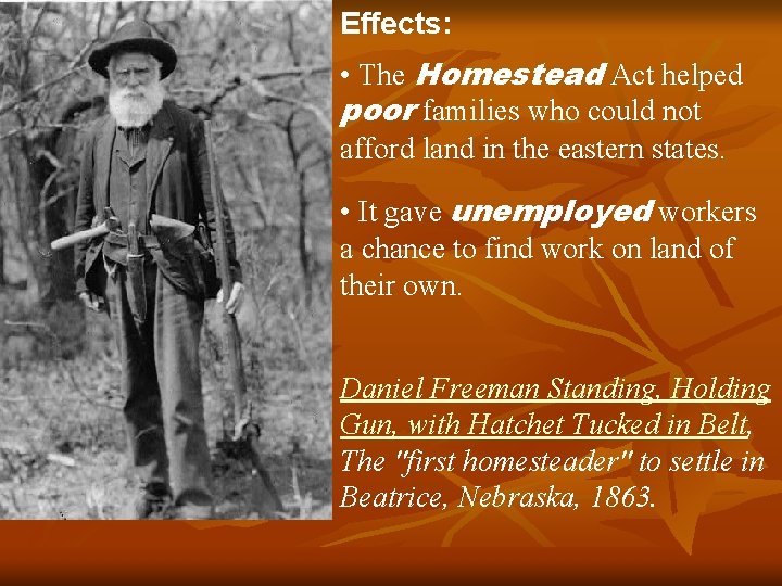 Effects: • The Homestead Act helped poor families who could not afford land in
