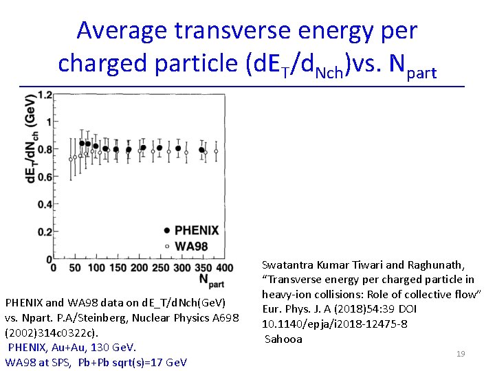 Average transverse energy per charged particle (d. ET/d. Nch)vs. Npart PHENIX and WA 98