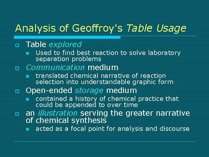 Analysis of Geoffroy's Table Usage o Table explored n o Communication medium n o