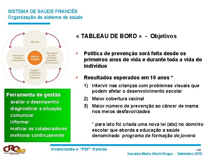 SISTEMA DE SAÚDE FRANCÊS Organização do sistema de saúde « TABLEAU DE BORD »